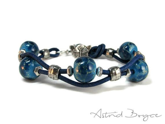 Lapis Royal Blue Layering Stacking Bracelet with Butterfly Charm -Handcrafted Lampwork Beaded Bracelet with Leather and Pewter-Boho bracelet