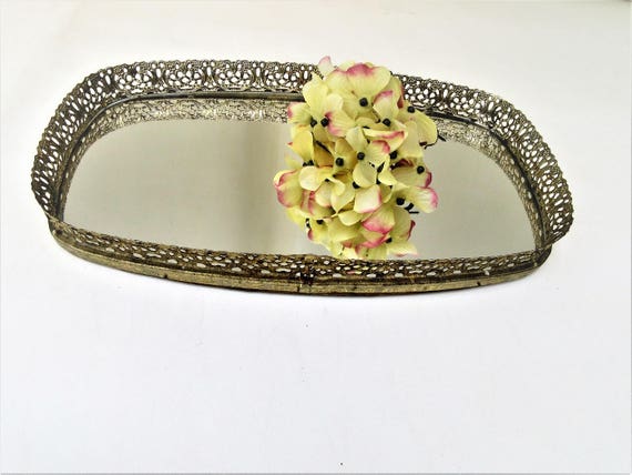 Vintage Perfume Tray Mirrored Vanity Tray Gold Filigree