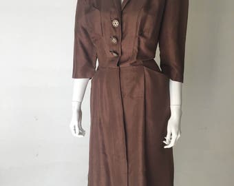 1950s Brown Silk Wiggle Day Dress with Pockets