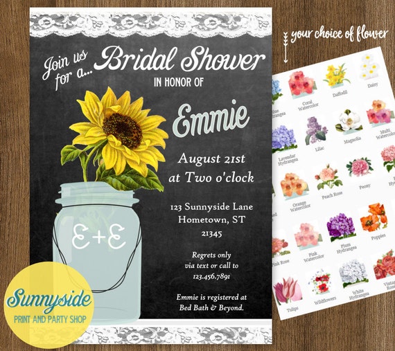 Sunflower Chalkboard Mason Jar invitation with lace // shabby bridal shower invite // printable or printed invites Il_570xn