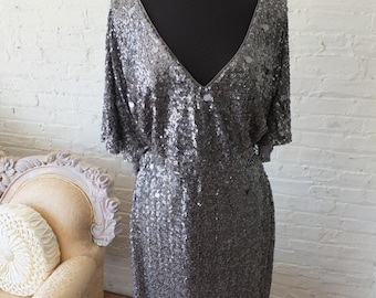 Plus size 18 gray sequined bias cut art deco wedding dress with cape sleeves