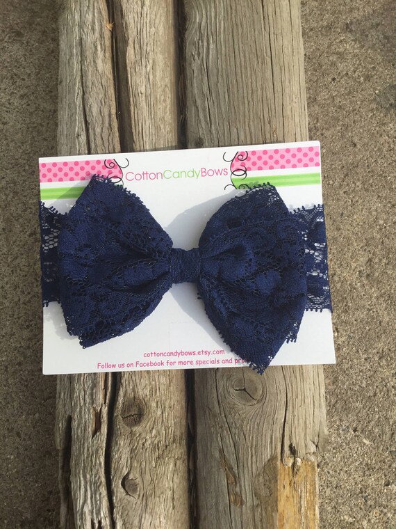 Navy Vintage Lace Bow Headband Baby Toddlers Girls Hair