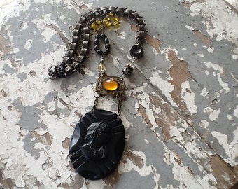 Mourning Cameo Assemblage Necklace Vulcanite Jewelry Relic Repurposed Prayer Beads