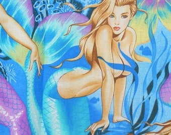 Sea Sirens, Alexander Henry, Mermaids Fabric, Over Sized Mermaids, Blue Background, By the Yard