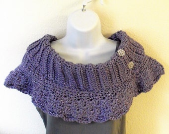 Buttoned Cowl with Collar - Rib Knit Cowl - Violet Sparkle