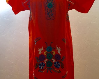 Mexican Dress,Vintage Mexican Dress, Orange Vintage Dress, Ethnic Dress,Embroidered Mexican Dress, Large Vintage, Boho Dress, Long Dress