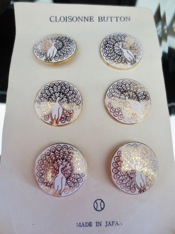 Cloisonné Buttons Peacock Vintage Gold Metal White Enamel