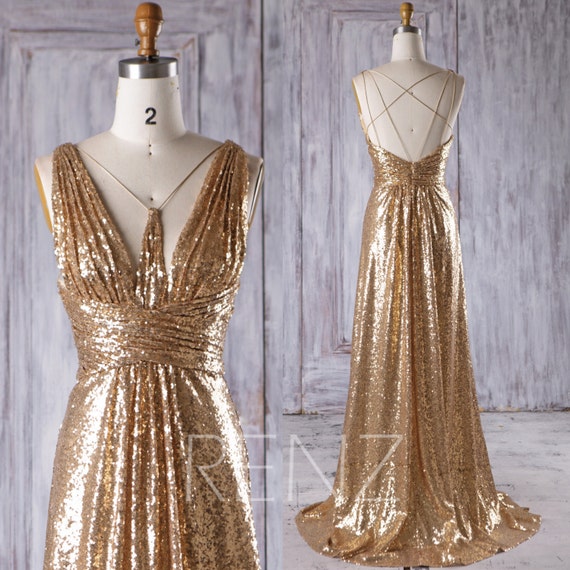 2017 Gold Sequin Bridesmaid Dress Ruched Bodice Wedding