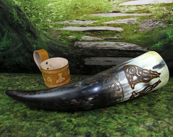 Viking Drinking Horn: Geri & Freki, Odin's Wolves, Viking Horn Cup, Viking Horn, Horn Cup, Heathen Horn Cup, Heathen Drinking Horn