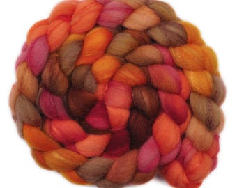 Hand painted combed top roving - Silk / Shetland wool 30/70% spinning fiber - 4.1 ounces -San Antonio Rose 1