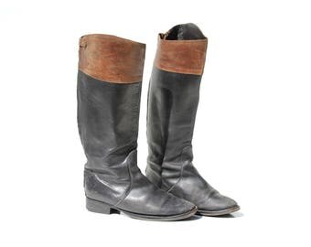 Vintage Italian Black Leather Tall Boots / size 8.5