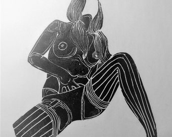 inspiration erotique vintage linogravure imprimé à l'encre à l'huile sur papier de riz" Doris "