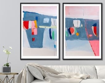 Large abstract print, Geometric art, Large Wall Art Giclee, Large Abstract Art, Blue Painting, Pink Mid century modern