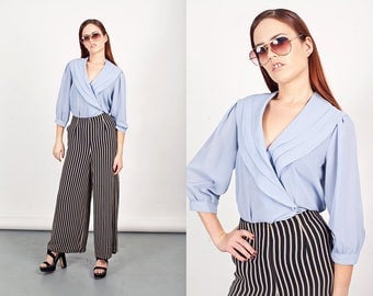 80s Bib Blouse Vintage Light Blue Collar Formal Top
