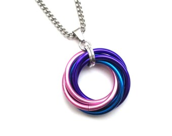 Bisexual pride pendant, large love knot chainmail necklace, bi pride jewelry, pink purple blue