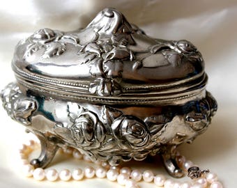 Vintage SILVER Plated Jewelry Box Casket Trinket BOX FLOWERS Roses 60s