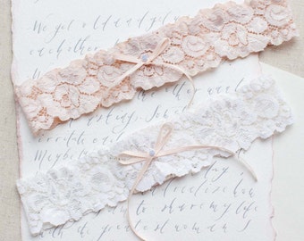 Something Blue Wedding Garter in Blush Pink, Ivory or Nude Stretch Lace - Perfect Bridal Garter Belt to finish a slim wedding dress