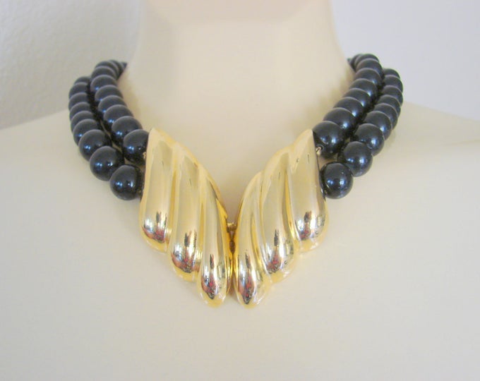 80s Vintage Modernist Black Lucite Bead Goldtone Statement Necklace Retro Modern Runway Jewelry Jewellery