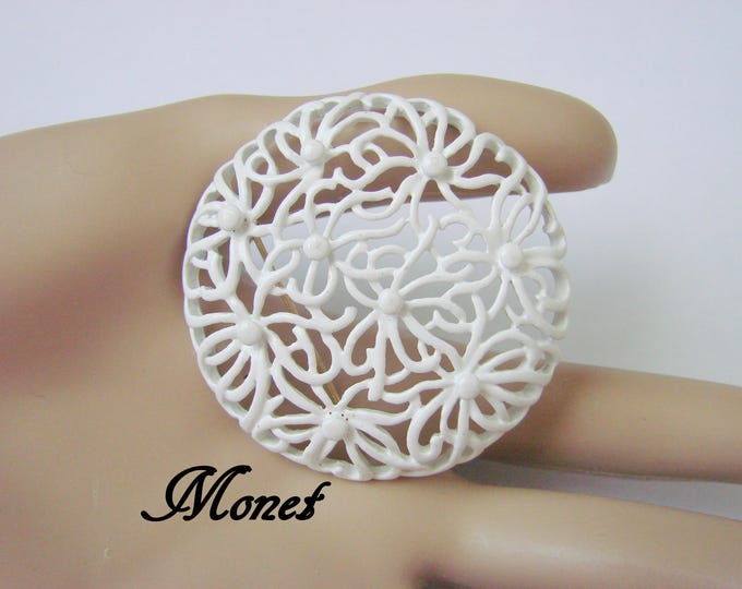 Vintage White Enamel Designer Signed MONET Floral Brooch / Jewelry / Jewellery