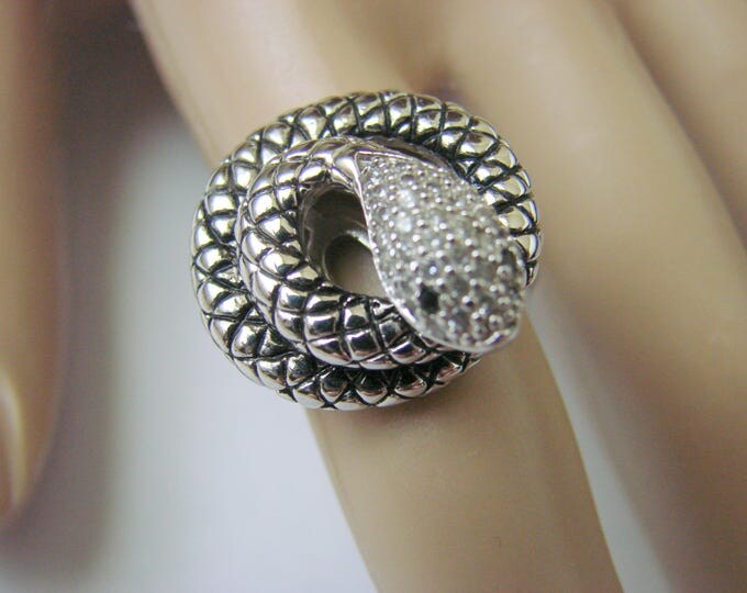Vintage Boho Cubic Zirconia Coiled Snake Ring / Textured Silver Finish / Size 7 / Jewelry / Jewellery