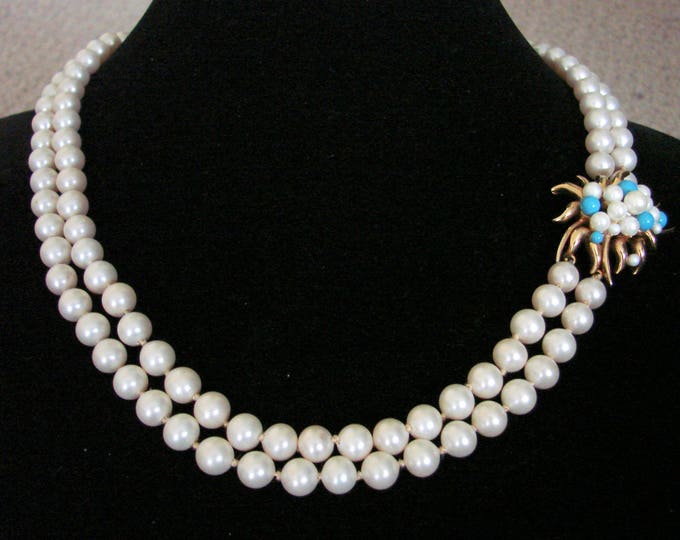 Vintage Designer Signed MARVELLA Glass Pearl Necklace / Blue Beads / Ornate Clasp / Matinee Necklace / Jewelry / Jewellery