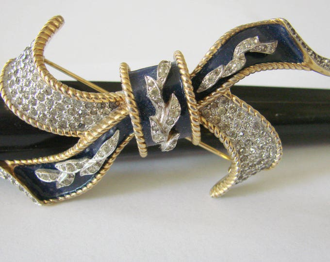 Large 1930s 1940s Rhinestone Navy Blue Enamel Ribbon Bow Brooch / Retro Vintage Jewelry / Jewellery