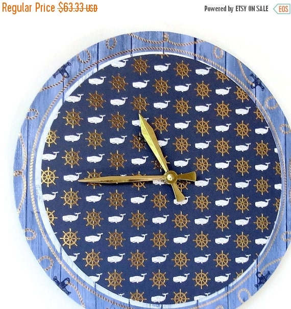 Unique Wall Clock Nautical Decor Blue and Gold by Shannybeebo