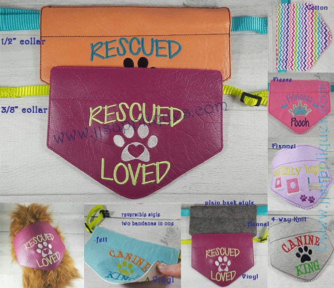 ITH Doggie Bandana Embroidery Design Rescued Loved In The Hoop Slide On Collar Bandana