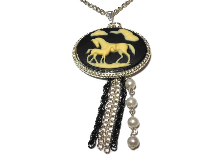 FREE SHIPPING Horse colt pendant necklace, black cream oval, filly mother foal, chain braided cord, dangle glass pearls, silver black chain
