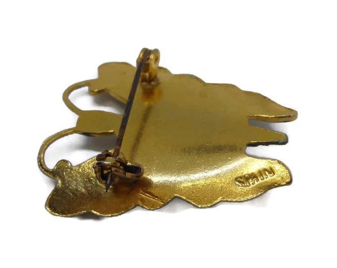 Damascene butterfly brooch, Toledo ware Jelly Belly, Toledoware art glass cabochon, made in Spain, mid century, enamel butterfly pin