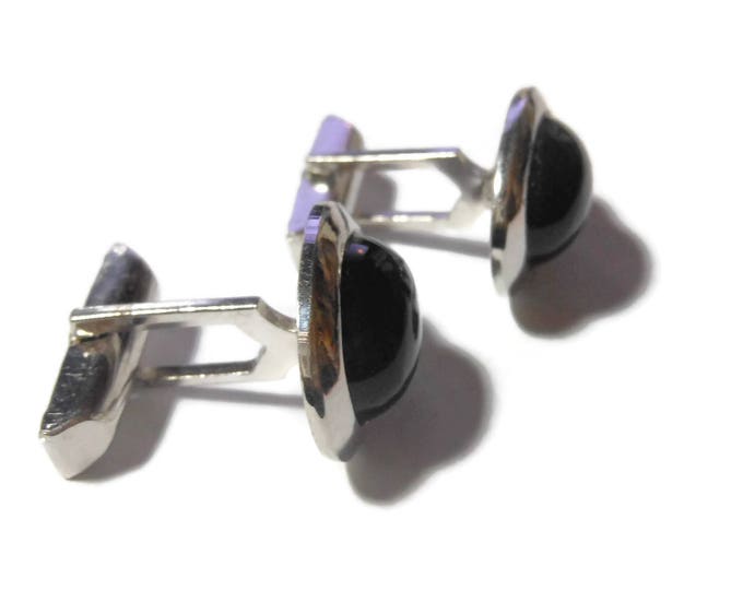 Black cabochon cuff links, glossy silver and black cufflinks, marked pat. 2472958, 1950s cuffs, wedding tuxedo accessories, oval vintage