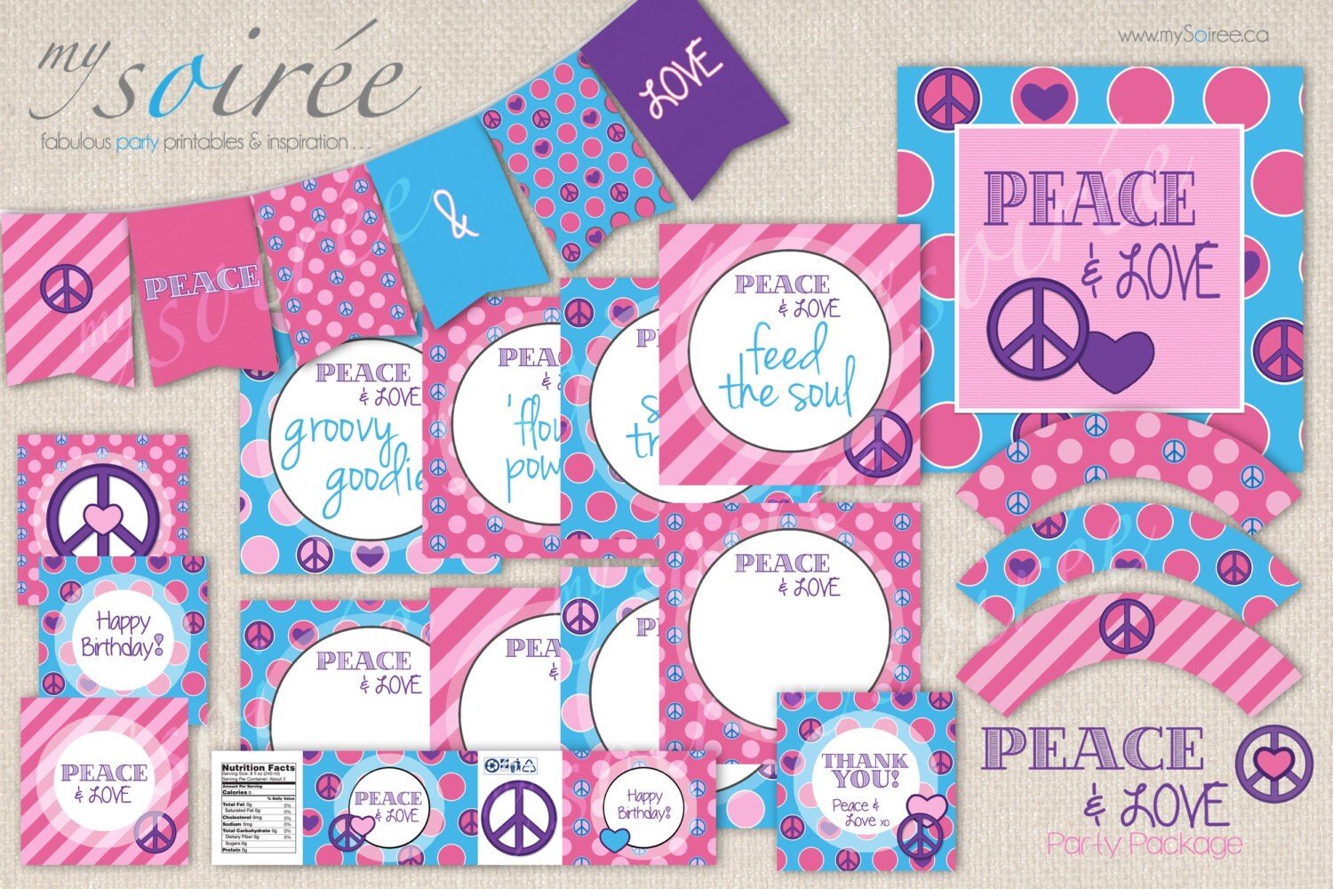 PEACE &amp; LOVE Theme Party Printable Party Package