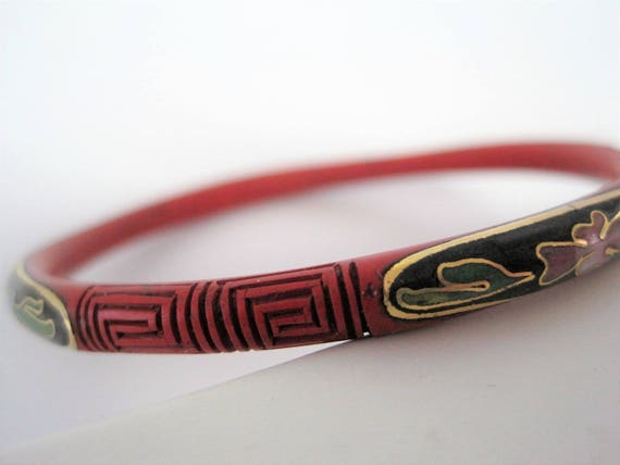 Cinnabar Cloisonne Bangle - Carved Cinnabar - Highlighted by Cloisonne - Vintage Bracelet