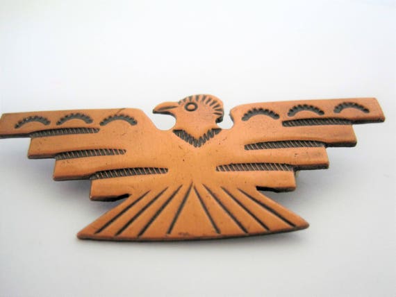Native American Copper Thunderbird - Vintage Stamped Symbols - Enamel on Copper Brooch