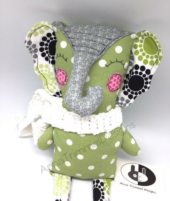 Green Polka Dot Stuffed Elephant Plush Doll handmade cloth