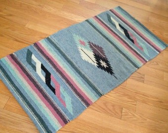Vintage Arizona Navajo Banded Diamond Native American Indian Rug Carpet Sky Blue