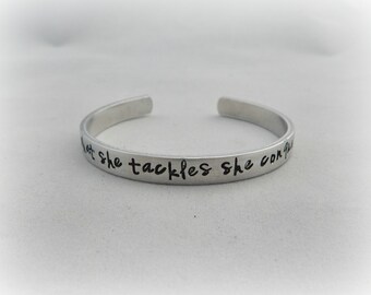 what she tackles she conquers - Stamped Inspirational Bracelet - Mantra Jewelry - Pop Culture - Strong Women - Quote Jewelry - kg2258