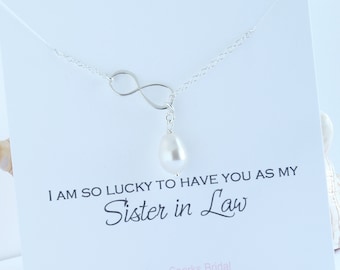Sister in Law Wedding Gift from Bride, Pearl Infinity Lariat Necklace, Sister in Law gift, Sisters Necklace with Card, Matron of Honor Gift