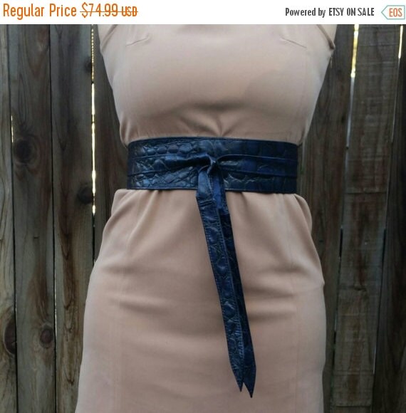 SALE Unique Wrap Blue Leather Obi Belt Women's Wide by Fgalaze