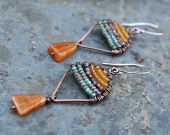 Woven Copper Earrings, Seed Bead Earrings, Oxidized Copper, Small Earrings, Lightweight Earrings, Picasso Earrings, Boho Earrings