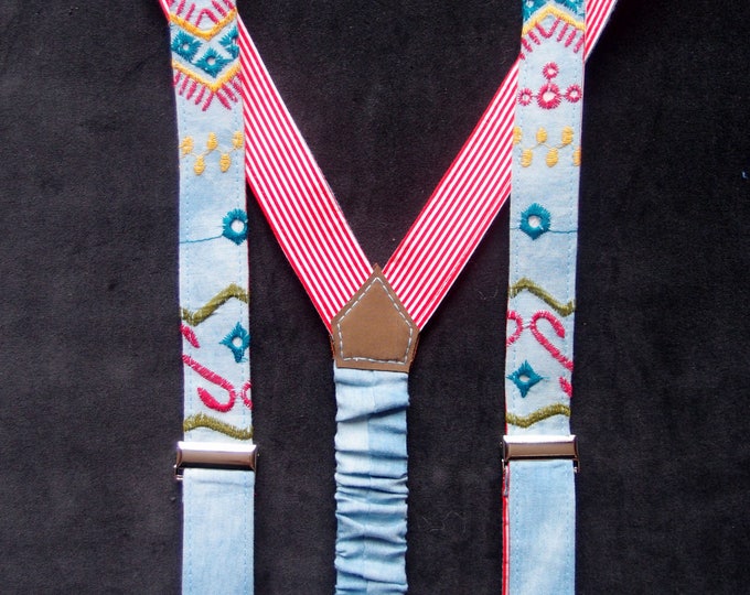 Embroidered Womens Suspenders, Light Blue Floral Suspenders, Universal Size Women Braces, Party Suspenders, Striped Scandinavian Braces