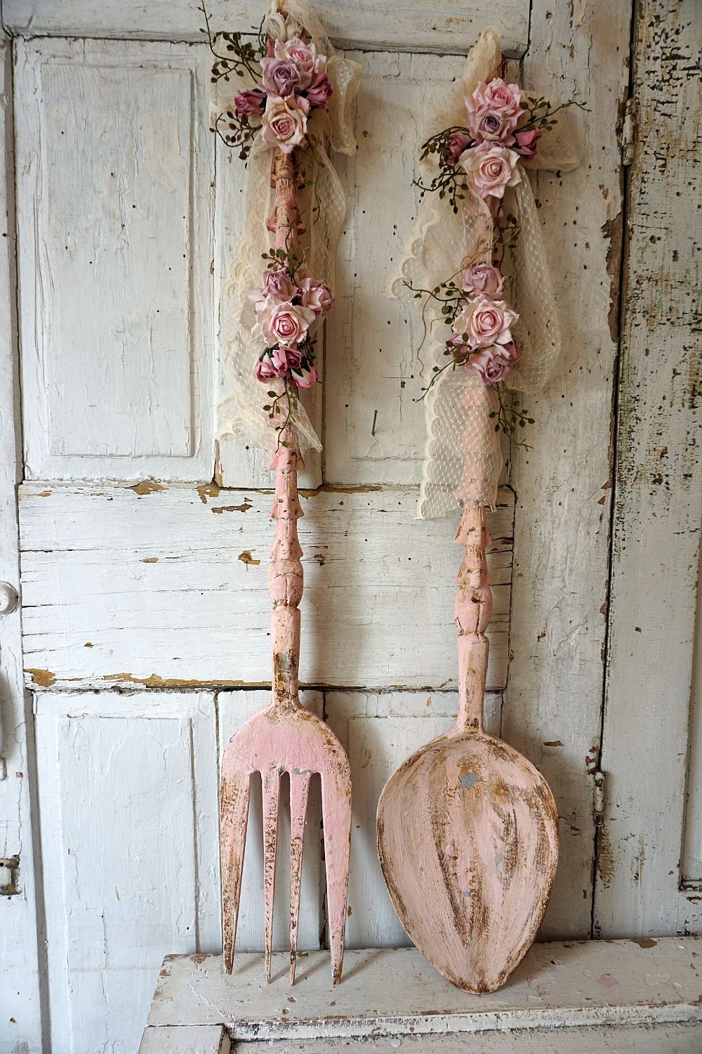 Large spoon w/ fork wall hanging shabby by AnitaSperoDesign