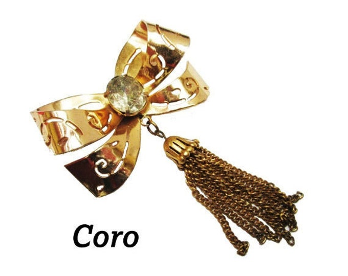 Gold Bow Brooch - Signed Coro - Rhinestone - Golden tassel