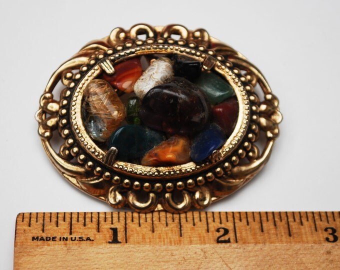 Gemstone Brooch - Gold oval Pin - Multi colored Polished stones -