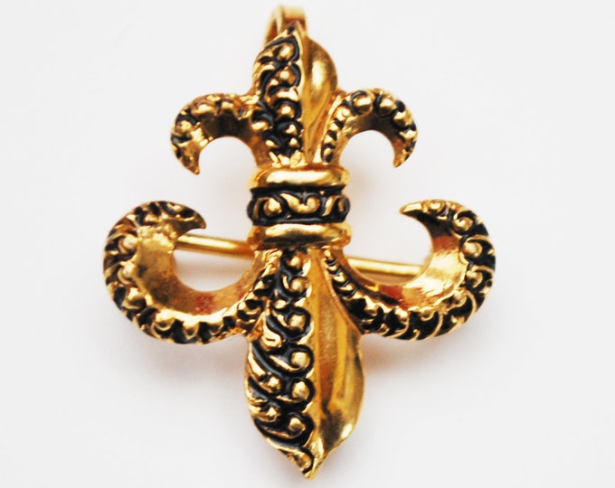 Gold Fleur De Lis pin pendant - Signed 1/20 12 Kt GE - CA Carl Art - black enamel brooch