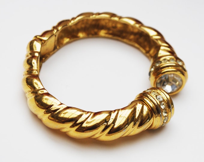 Joan Rivers Clamper Cuff bracelet - Gold Rhinestone hinged bangle -clear rhinestone