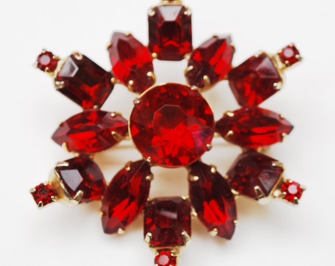 Ruby Red Rhinestone Brooch - Snowflake Atomic Pin - Mid Century