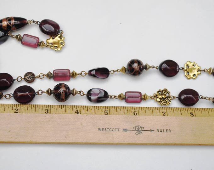 Purple Gold Glass Bead Necklace - Gold butterflies - gold beads - Amethyst art crystal - 28 inches long