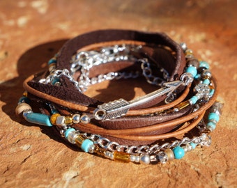 Boho Endless Leather Wrap Bracelet - Suede, Silver Arrow