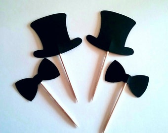 Bow Tie and Top Hat Cupcake Toppers - Food Pick- black bow tie - shower decorations